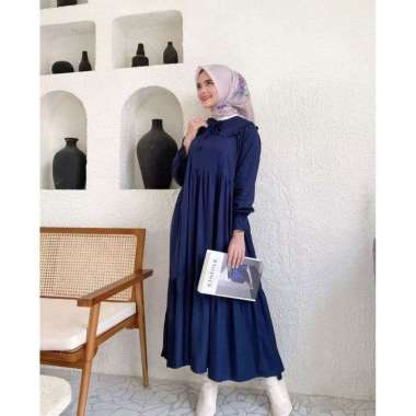 Nada Midi Dress Wanita Rayon Premium Baju Wanita Lengan Panjang Karet  Kerah Peterpan Tali Fashion M