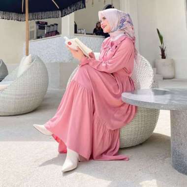 Nada Midi Dress Wanita Rayon Premium Baju Wanita Lengan Panjang Karet  Kerah Peterpan Tali Fashion M