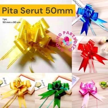 Pita Serut 50 mm LIST EMAS / Pita Tarik BESAR / Hiasan Parcel Idul Fitri Lebaran Biru muda