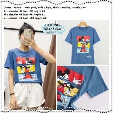AB458042 Baju Atasan Wanita Kaos Katun Biru Miki Mickey Mouse Import
