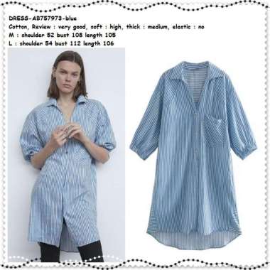 AB757973 Midi Mini Dress Kemeja Garis Wanita Korea Import Biru Tunik