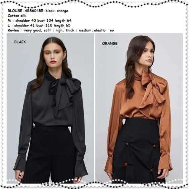 AB860485 Baju Atasan Kemeja Pita Silk Wanita Korea Import Hitam Orange