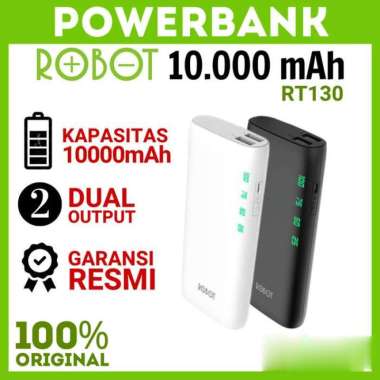 POWERBANK ROBOT 10000 mAh Power Bank RT130 Dual USB Original 10000mah - RT180, Putih RT130 Hijau