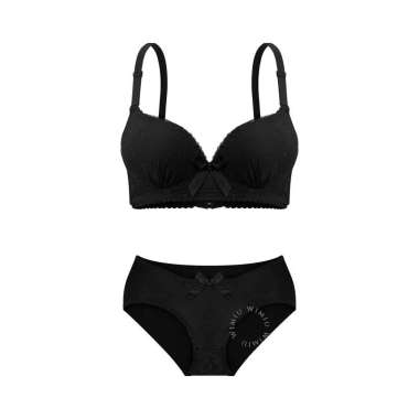 Wimiu BH Set Bra Set Wanita Kawat Bahan Brokat Busa Sedang Cup B Kait 3 Renda 200025 Hitam 34