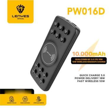 Powerbank Wireless Fast Charging LENYES PW016D 10000MAH Real Capacity - Hitam Hitam