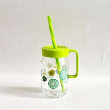 Herevin gelas mug drink jar kaca 370 ml tutup plastik + sedotan Hijau