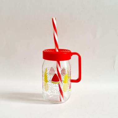 Herevin gelas mug drink jar kaca 370 ml tutup plastik + sedotan Merah