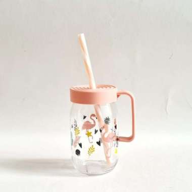 Herevin gelas mug drink jar kaca 370 ml tutup plastik + sedotan pink