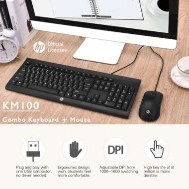 Keyboard Mouse Combo HP KM100 - Membrane Keyboard & 1600DPI Mouse USB