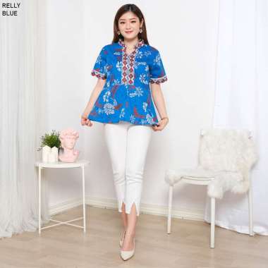 Evercloth Relly Blouse Wanita Atasan Wanita Blouse Batik Perempuan BLUE