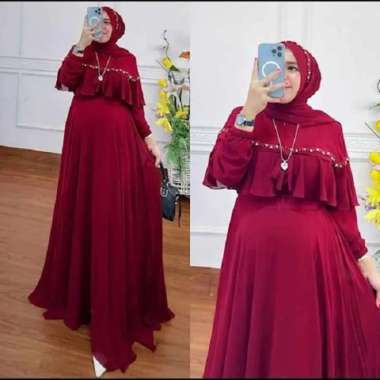 Baju Gamis Pesta Mewah Elegan Gamis Putih Ceruty Babydoll Premium Maroon