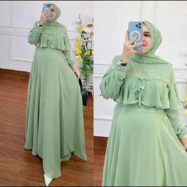 Baju Gamis Pesta Mewah Elegan Gamis Putih Ceruty Babydoll Premium Mint