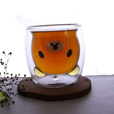 Gelas Cangkir Double Wall Cup Anti Panas Kaca Borosilikat Motif Lucu Rilakuma