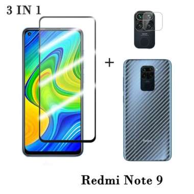 Promo Paket 3in1 Tempered Glass Layar Full Redmi Note 9 / Note 9 Pro Free Lensa Camera & Garskin Red