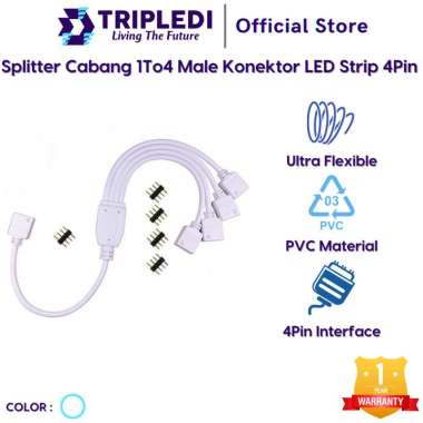 TRIPLEDI Kabel Splitter 4 Pin LED Strip RGB 2385 5050 Konektor Cabang 1 to 2 3 4 Cable Male Needle