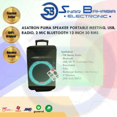 ASATRON PUMA SPEAKER PORTABLE MEETING, USB, RADIO, 2 MIC BLUETOOTH 12 INCH 30 RMS (NEW) (KHUSUS BAND