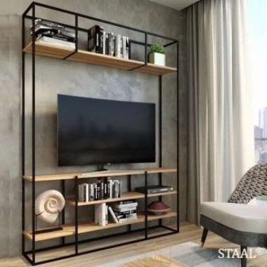 CUSTOM - lemari rak tv kayu jati kombinasi besi minimalis murah