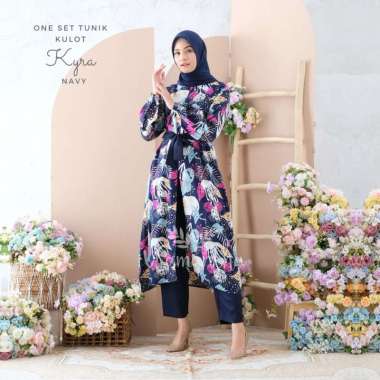 One Set Tunik Kulot Motif Hikari Navy