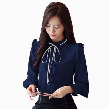 Kemeja lengan Panjang Gaya Korea Variasi pita Leher - Jfashion Athena L Navy