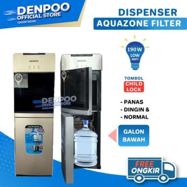 Denpoo Dispenser AQUAZONE FILTER Galon Bawah COMPRESSOR with filter catridge PIPA STAINLESS SILVER