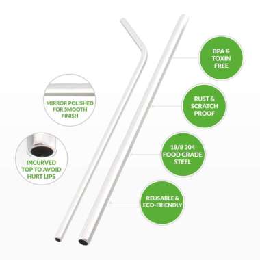 5Pcs Sedotan Stainless Steel Reusable Straw Bentuk Lurus Bengkok Warna Silver Besar Cafe Restoran Be