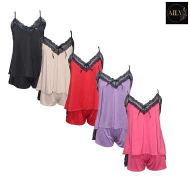 Aily FR13 Setelan Baju Tidur Wanita Tanktop & Boxer - Pilih Warna Merah