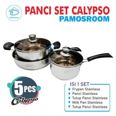 Pamosroom Panci Set Stainless Tutup Kaca 1 Set 5pcs Fry Pan Penggorengan Anti Lengket Panci Susu Sta