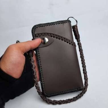 Dompet Kulit Asli Pria 3/4 Model Jahitan Sulam Panjang Warna Coklat Asli Garut
