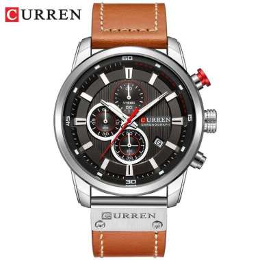CURREN 8291 Jam Tangan Pria Analog Tali Kulit Chronograph Aktif Brown Hitam