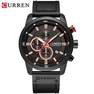 CURREN 8291 Jam Tangan Pria Analog Tali Kulit Chronograph Aktif Hitam Hitam