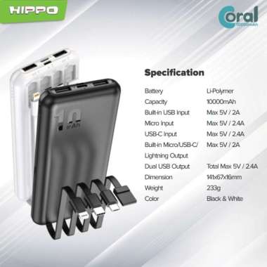 Hippo Power Bank Coral 10000 mAh 5 Output Smart Detect Charging - Putih WHITE
