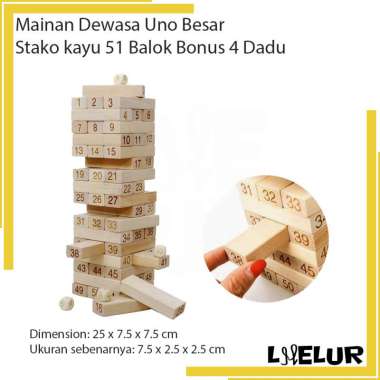 Mainan Dewasa Uno Besar Stako kayu 51 Balok Bonus 4 Dadu - Taffware Dewasa