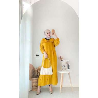 Gamis Jumbo Midi Rempel Rayon Premium Dress Wanita Polos Lengan Panjang Baju Wanita Busui Bigsize LD 130 cm Gamis Midi Kuning