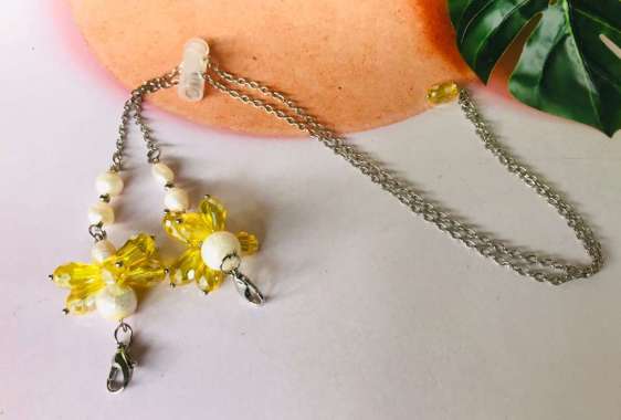 konektor pengait masker hijab 2 in 1 Rantai Mutiara Asli x Kristal Kuning