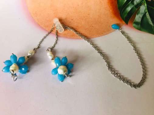 konektor pengait masker hijab 2 in 1 Rantai Mutiara Asli x Kristal Biru