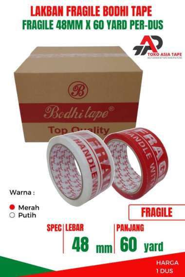 LAKBAN FRAGILE MERAH PUTIH 48MM X 60YARD BODHI TAPE 1 DUS HARGA TERJANGAU PUTIH