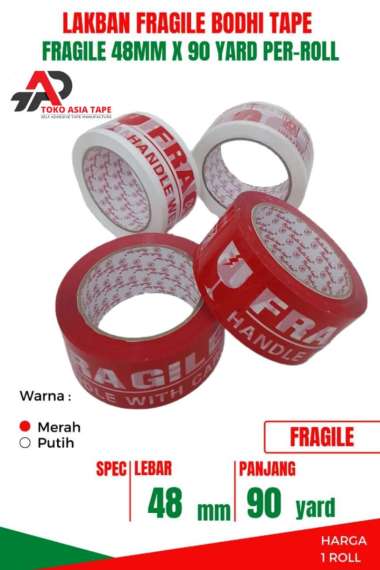 LAKBAN FRAGILE MERAH PUTIH 48MM X 90YARD BODHI TAPE 1 ROLL MERAH