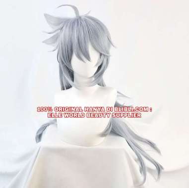 FULL WIG RAMBUT PALSU WIG PRIA PANJANG LURUS GREY ABU ABU PONI DEPAN WIG COSPLAY ANIME GAME GENSHIN 