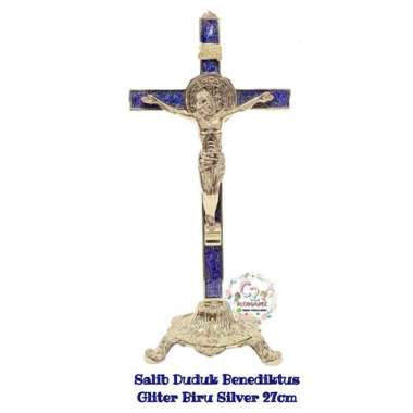 Salib Duduk Benediktus Gliter Biru Gold/Silver 27cm-Salib Benediktus SILVER