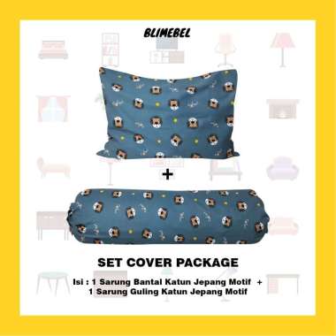 Paket 1Sarung Bantal+1Sarung Guling Katun Jepang Motif Liev Bedding 60x90+41x122 Blue Lion