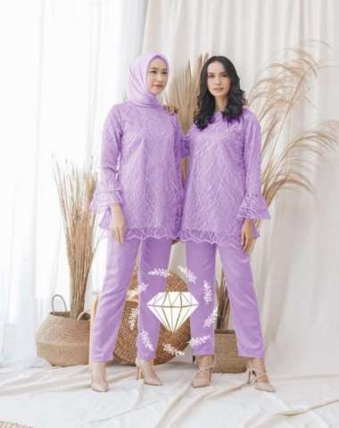 Setelan Celana Wanita Atasan Brukat Import Stelan Baju Pesta Kondangan Lilac