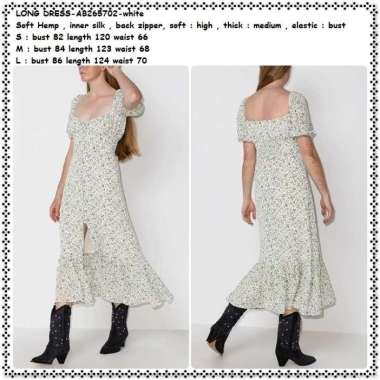 AB265702 Vintage Long Dress Midi Bunga Pesta Wanita Korea Import Putih
