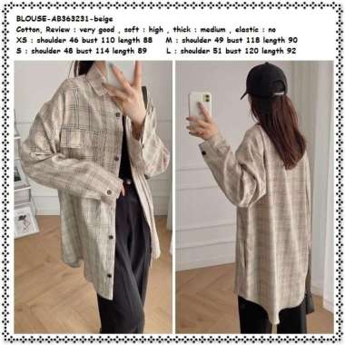 AB363231 Baju Atasan Kemeja Panjang Kotak Wanita Korea Import Tunik