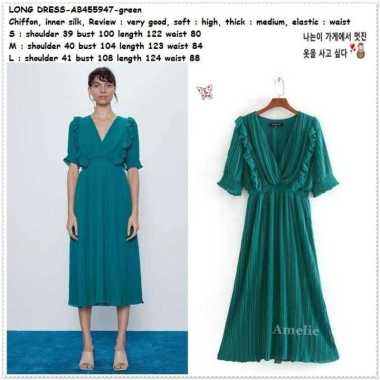 AB455947 Long Dress Midi Gaun Pesta Malam Plisket Wanita Korea Import