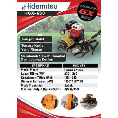 Mesin Cultivator Traktor Bajak Sawah Tsuzumi Engine Honda Hidemitsu HGX650