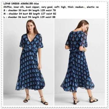 AB656155 Flounce Long Dress Midi Plisket Wanita Korea Import Biru Blue