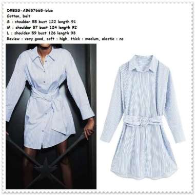 AB657665 Mini Dress Kemeja Garis Wanita Korea Import Biru Blue Tunik