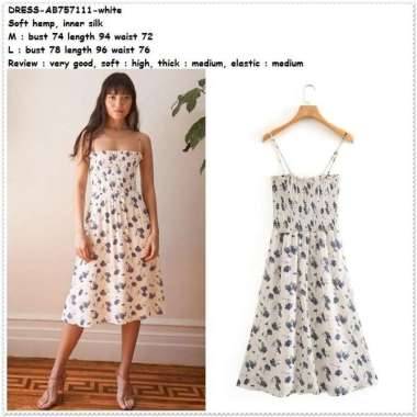 AB757111 Midi Dress Tali Tanpa Lengan Bunga Pantai Wanita Korea Putih