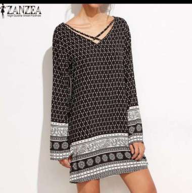 ZANZEA Dress Mini Lengan Panjang Model V-neck Longgar Hitam - L