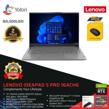 Lenovo IdeaPad 5 Pro 16ACH6 Laptop 16" Ryzen 7-5800H 16GB 512GB RTX 3050 Storm Grey